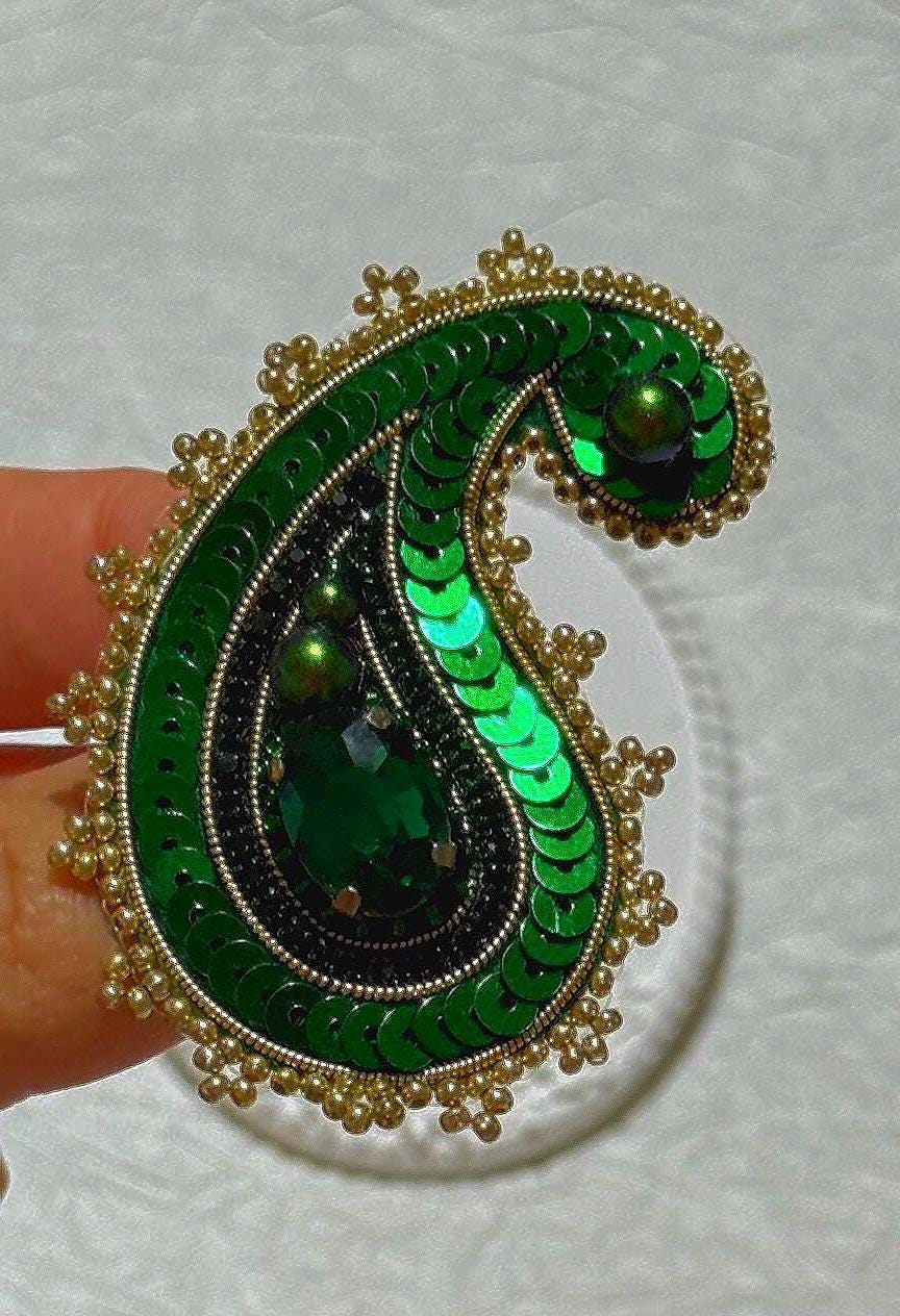 Handmade Green Paisley Brooch: Beaded Embroidery Statement Pin