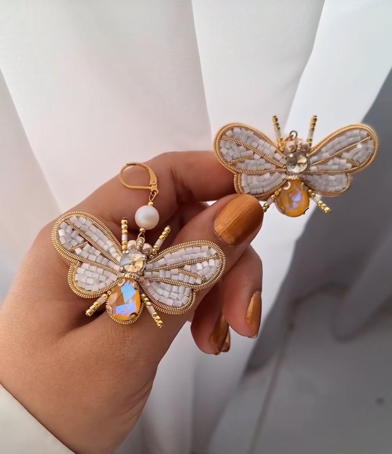 Handmade Beaded Bee Earrings: Opal Gemstone, White & Gold Jewelry