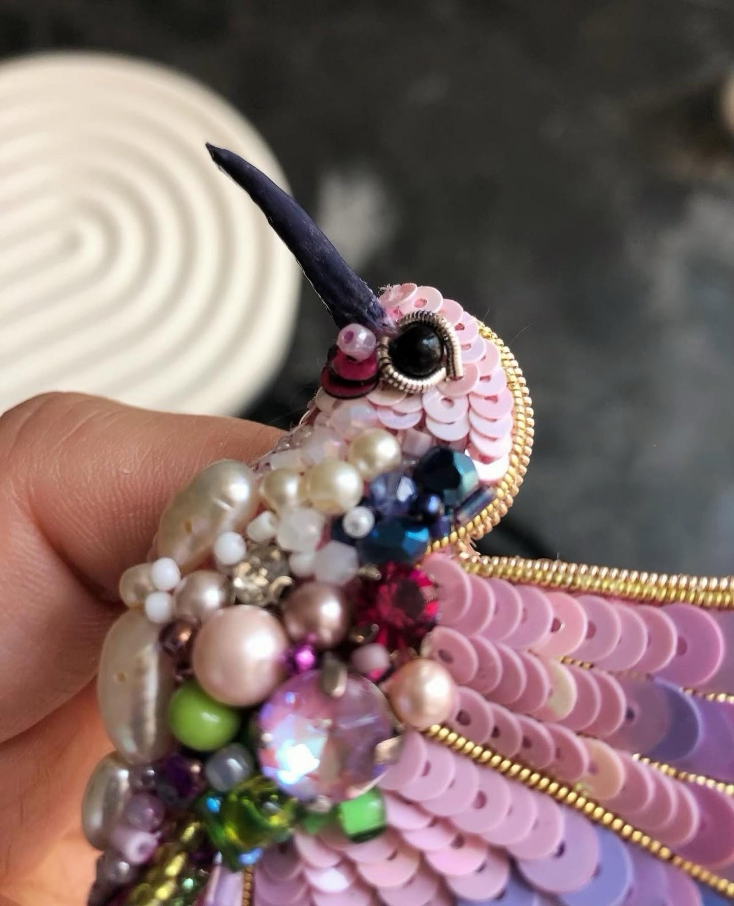Handmade Hummingbird Brooch: Beaded Bird Pin with Pink Feathers