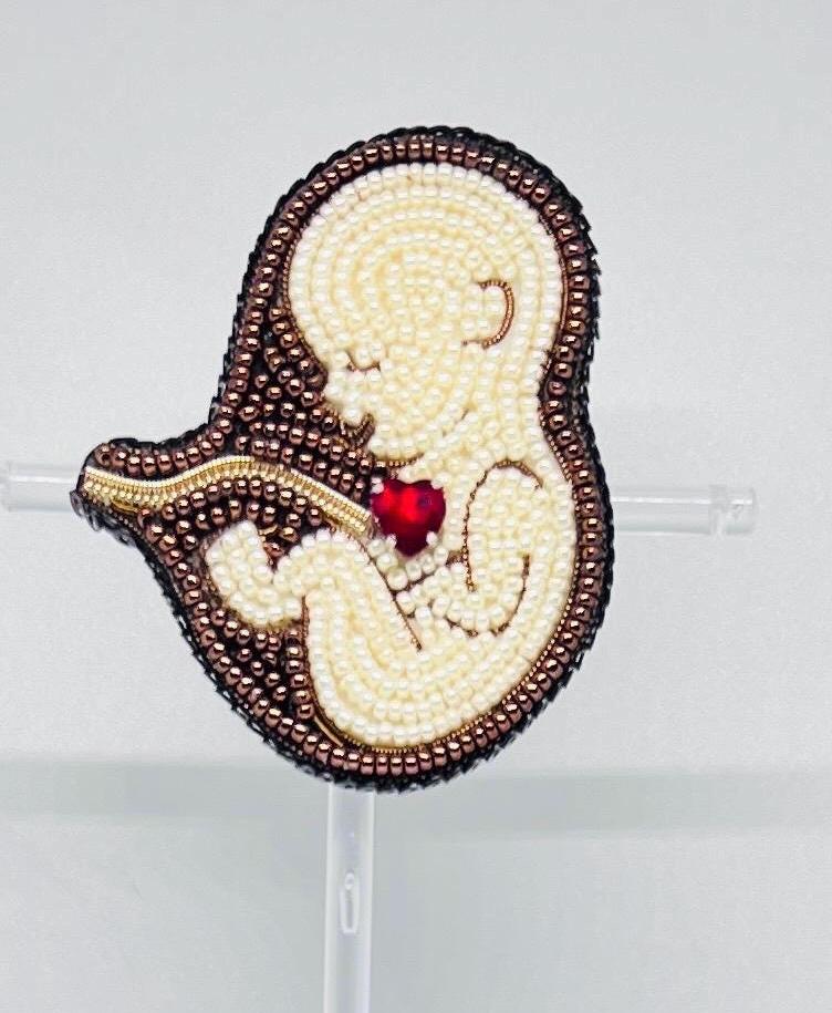 Handmade Beaded Fetus Brooch | Motherhood Jewelry with Red Crystal Heart