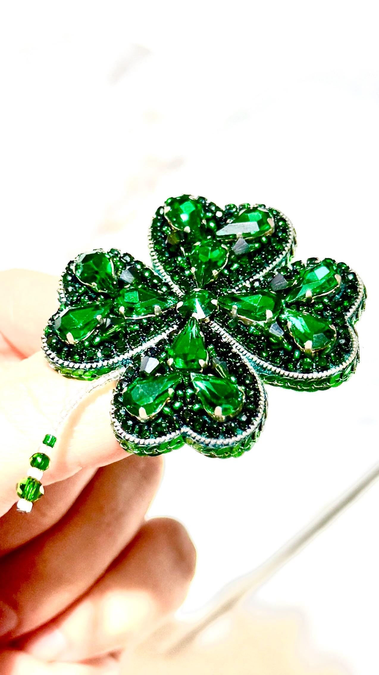 Handmade Green Crystal Clover Brooch: Lucky Beaded Pin