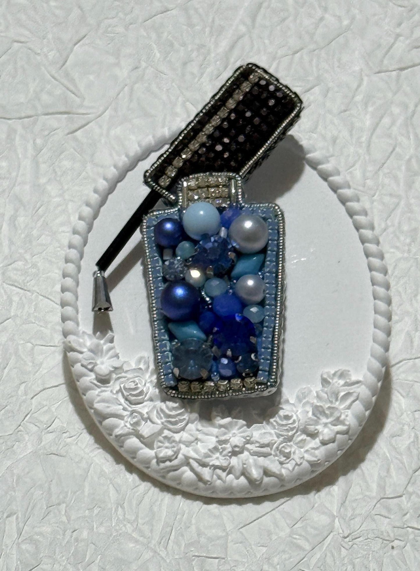 Handmade Blue nail polish Bottle Brooch: Beaded Crystal Pin