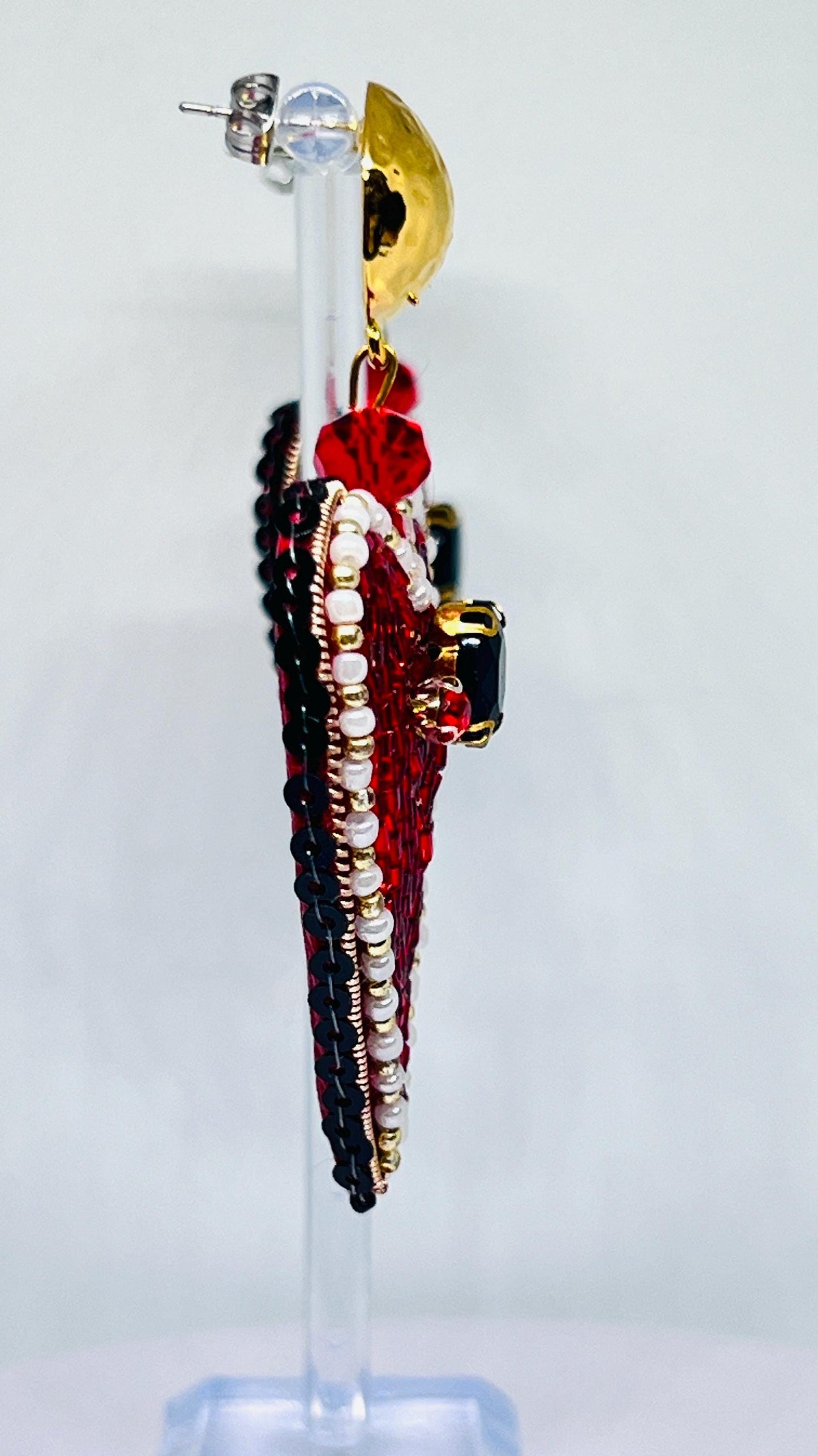 Handmade Red Heart Beaded Earrings: Pearl Crystal Statement Jewelry