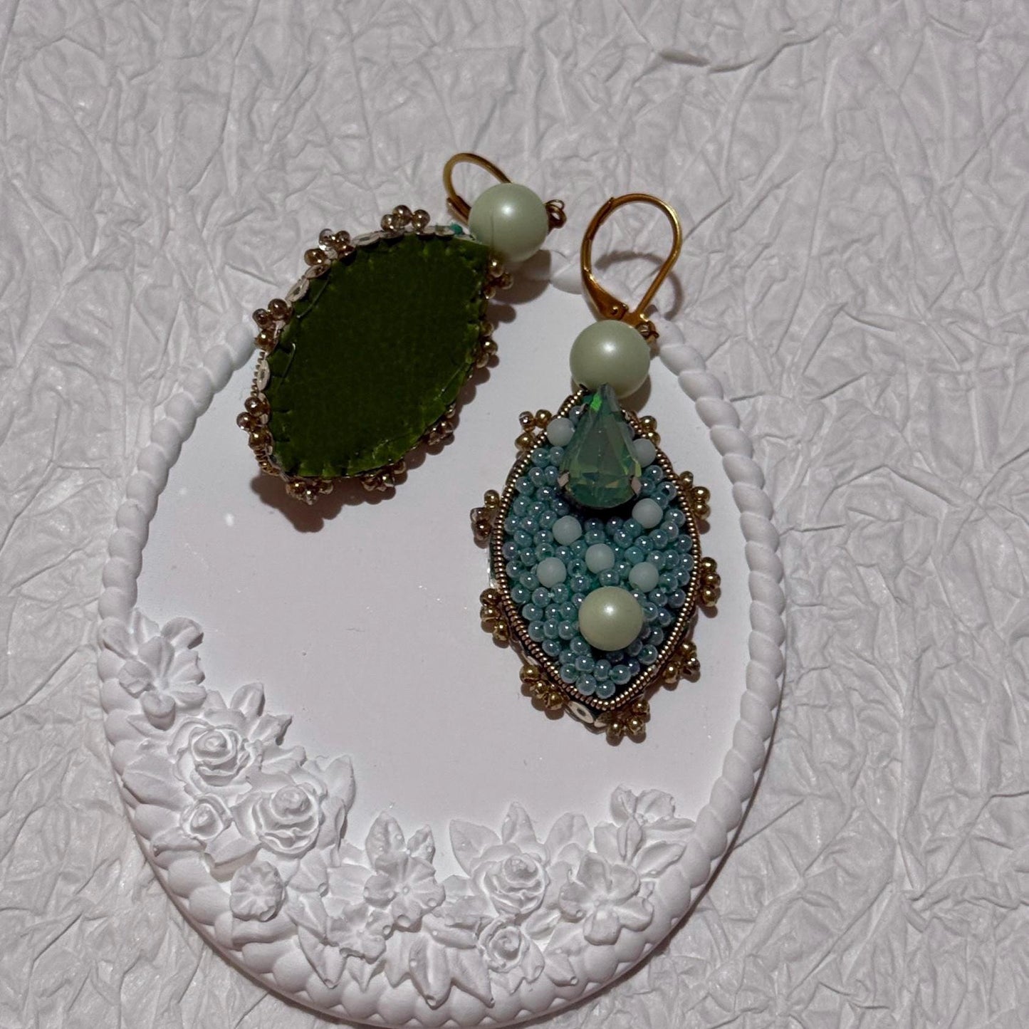 Handmade Beaded Dangle Earrings: Green Swarovski Crystals & Glass Pearls