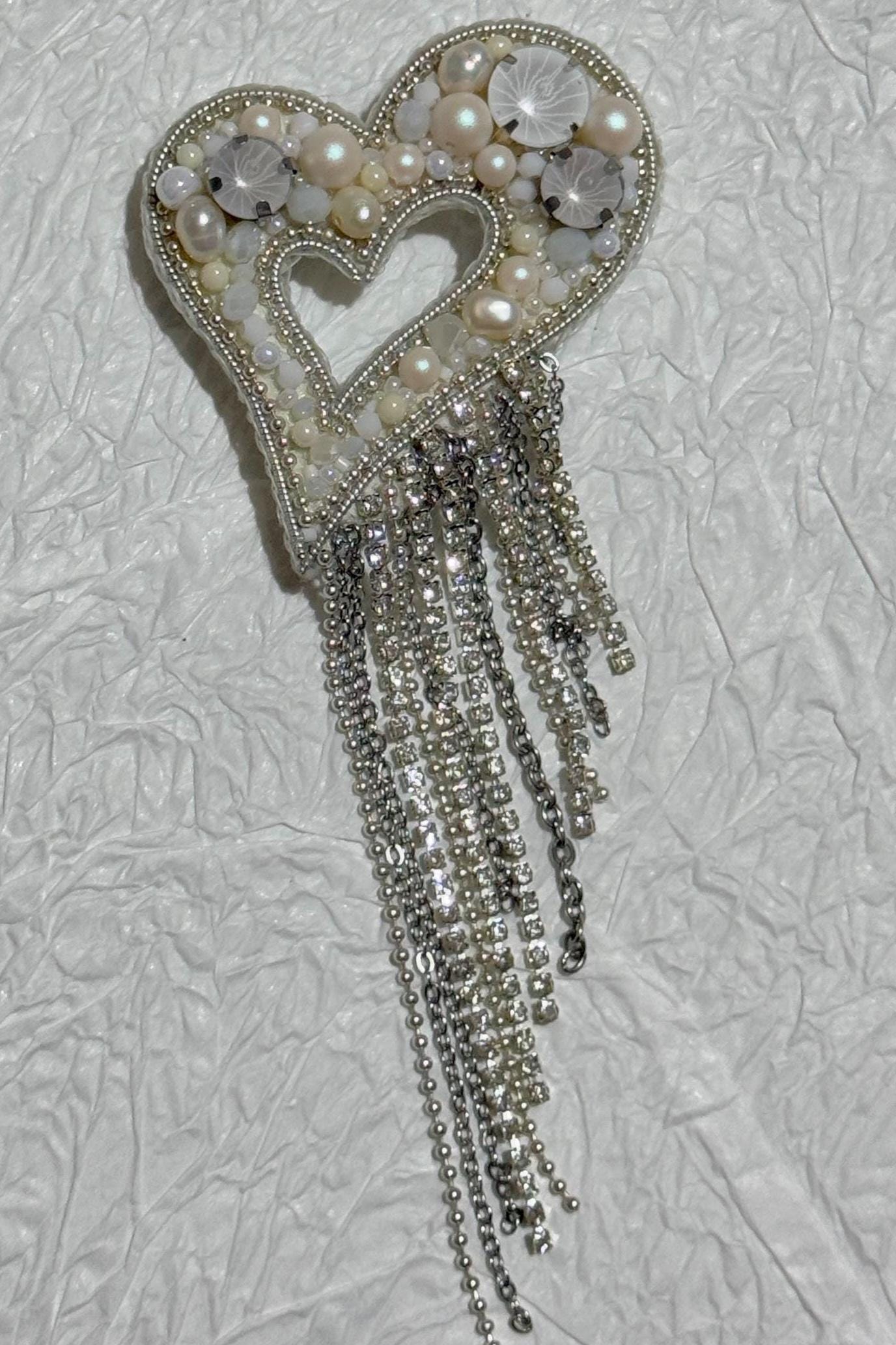 Handmade Pearl Heart Brooch: Beaded Rhinestone Dangling Chains