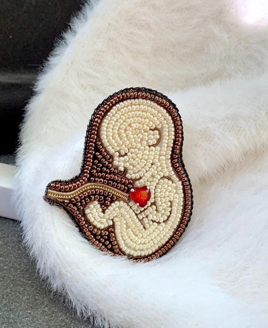 Handmade Beaded Fetus Brooch | Motherhood Jewelry with Red Crystal Heart