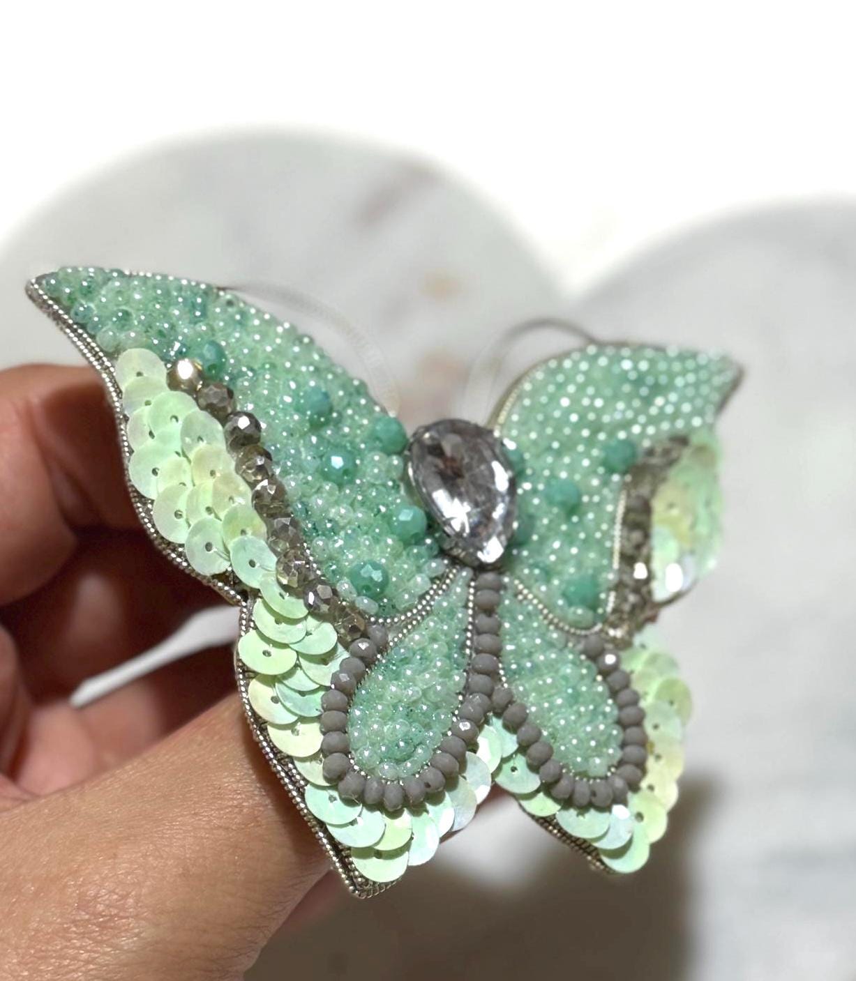 Handmade Mint Green Butterfly Brooch: Beaded Crystal Pin