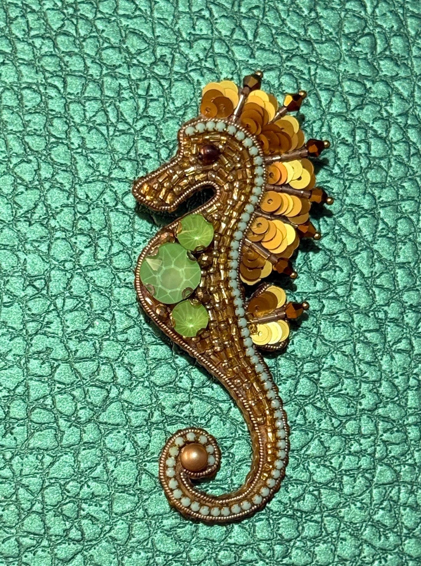 Handmade Gold Seahorse Brooch, Beaded Sea Life Jewelry