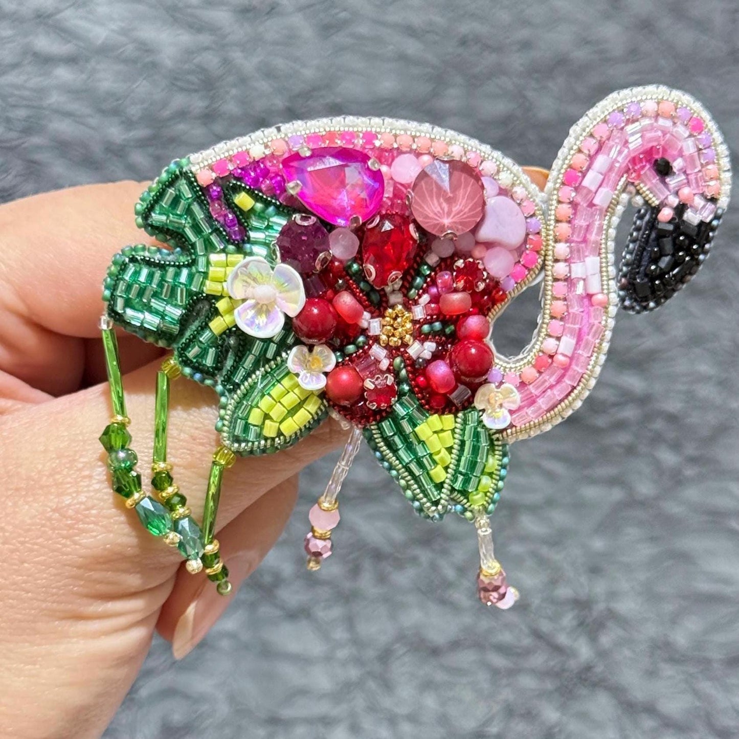 Handmade Beaded Flamingo Brooch: Pink Bird Pin, Tropical Jewelry