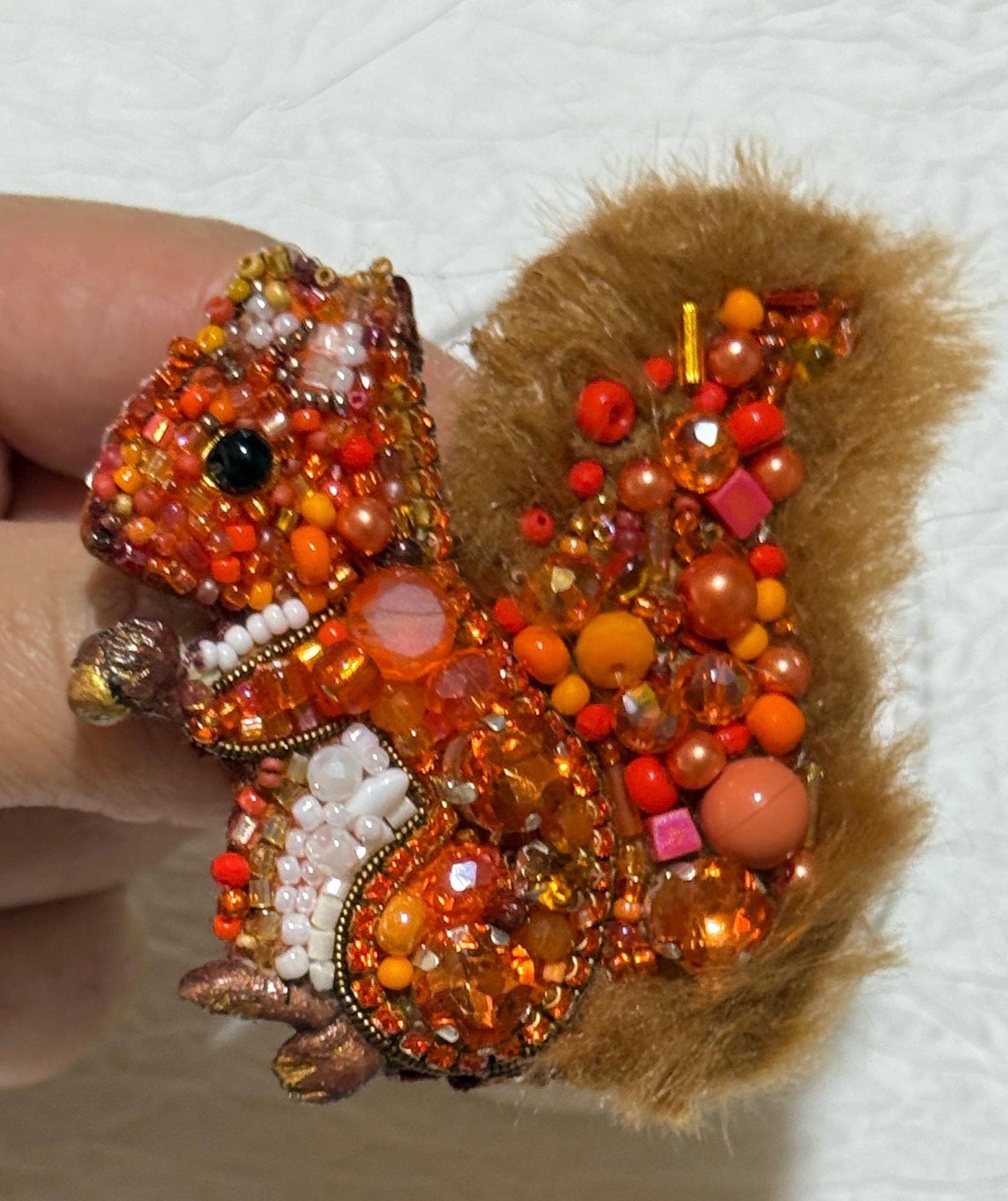Handmade Beaded Squirrel Brooch: Faux Fur Woodland Pin