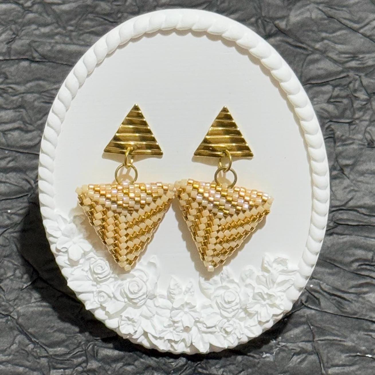 Handmade Beaded Triangle Dangle Earrings: Gold Geometric Statement