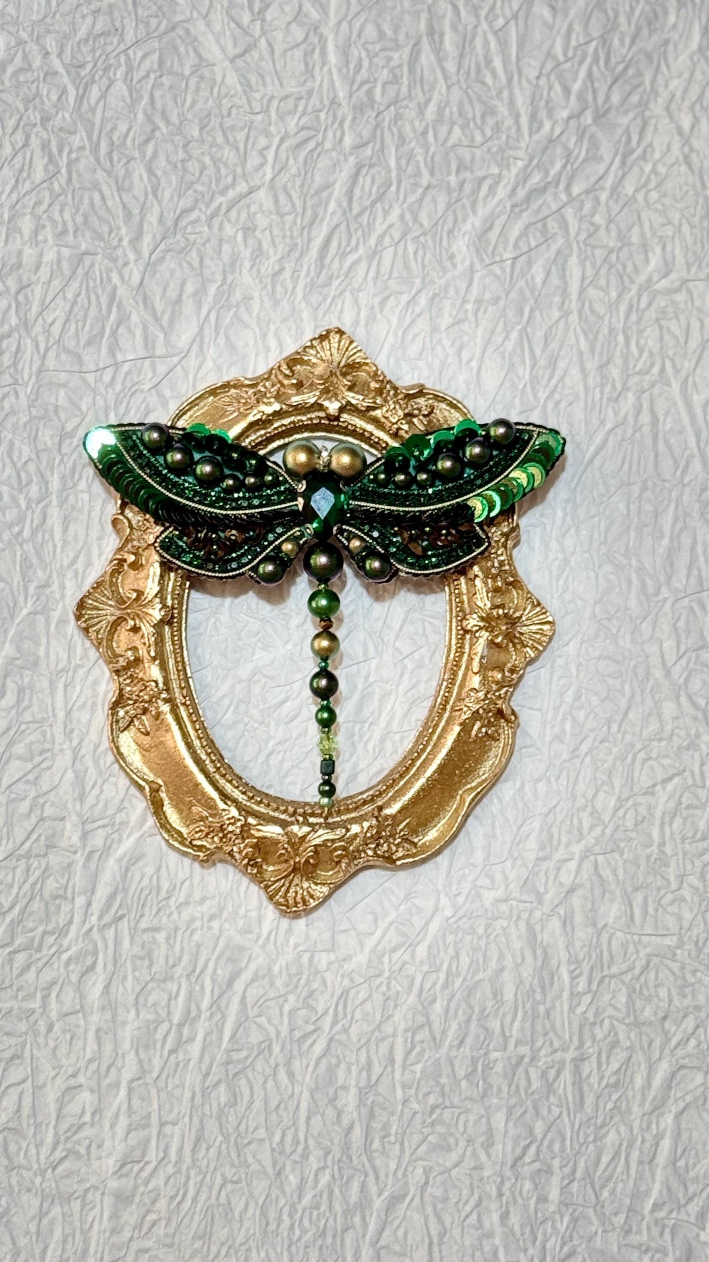Handmade Green Dragonfly Brooch: Beaded Crystal Insect Pin