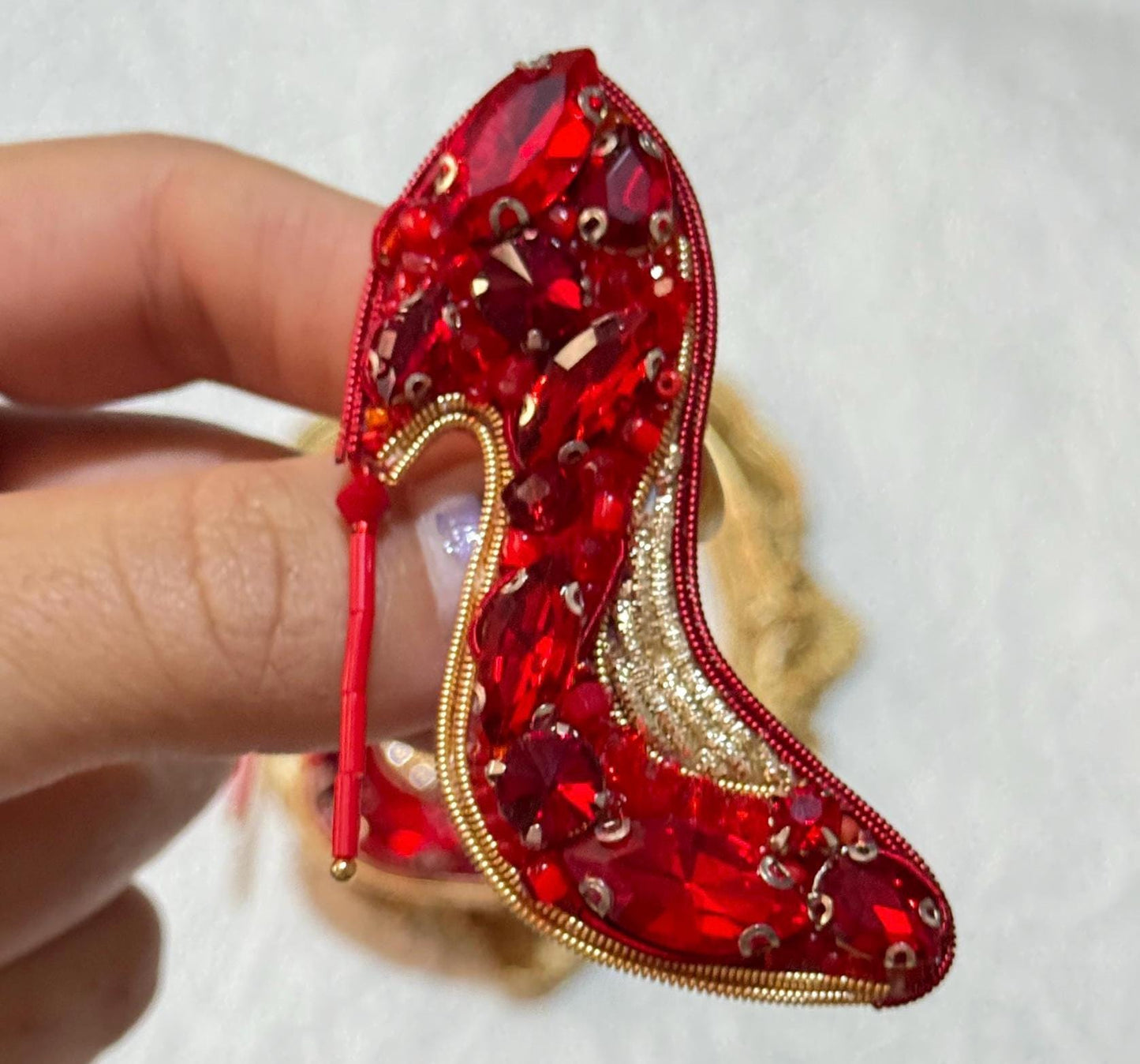 Handmade Red High Heel Brooch: Beaded Rhinestone Shoe Pin
