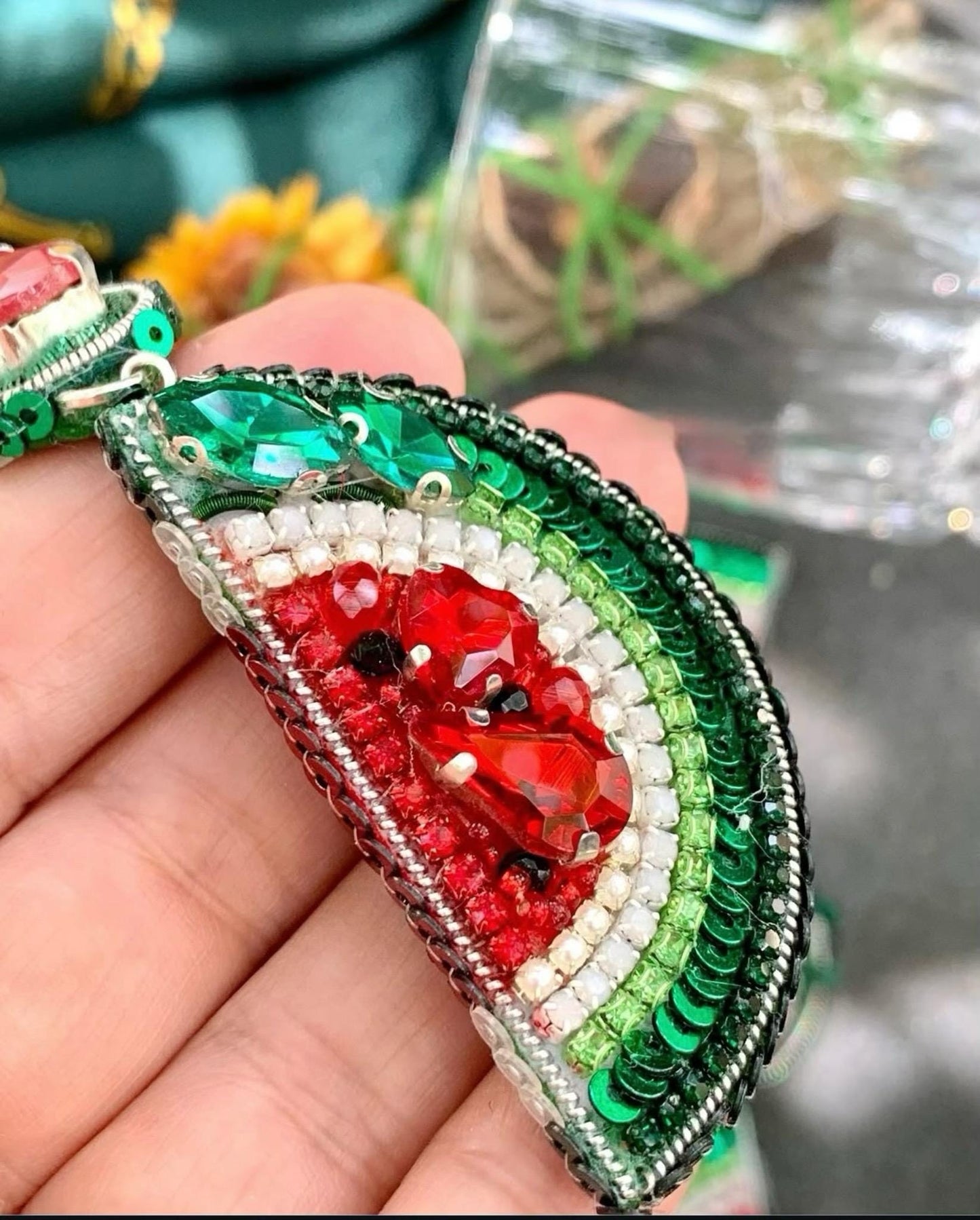 Handmade Watermelon Slice Earrings: Beaded Rhinestone Summer Jewelry