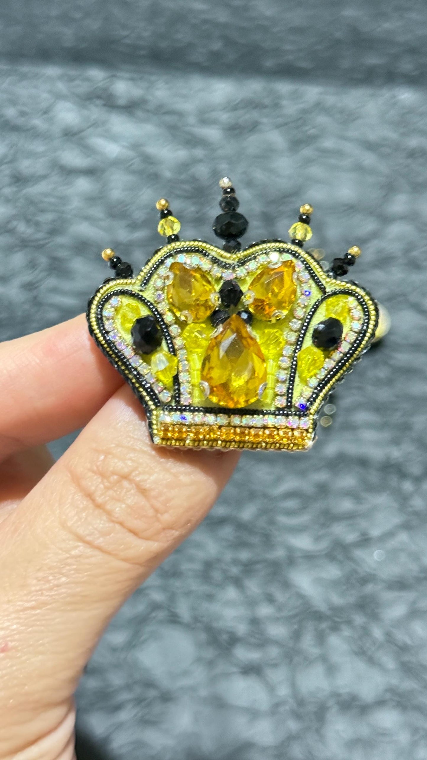 Handmade Beaded Bee and Crown Brooch Set: Yellow Crystal Pins