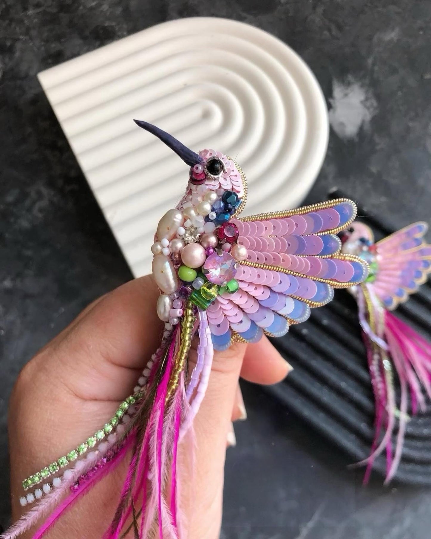 Handmade Hummingbird Brooch: Beaded Bird Pin with Pink Feathers