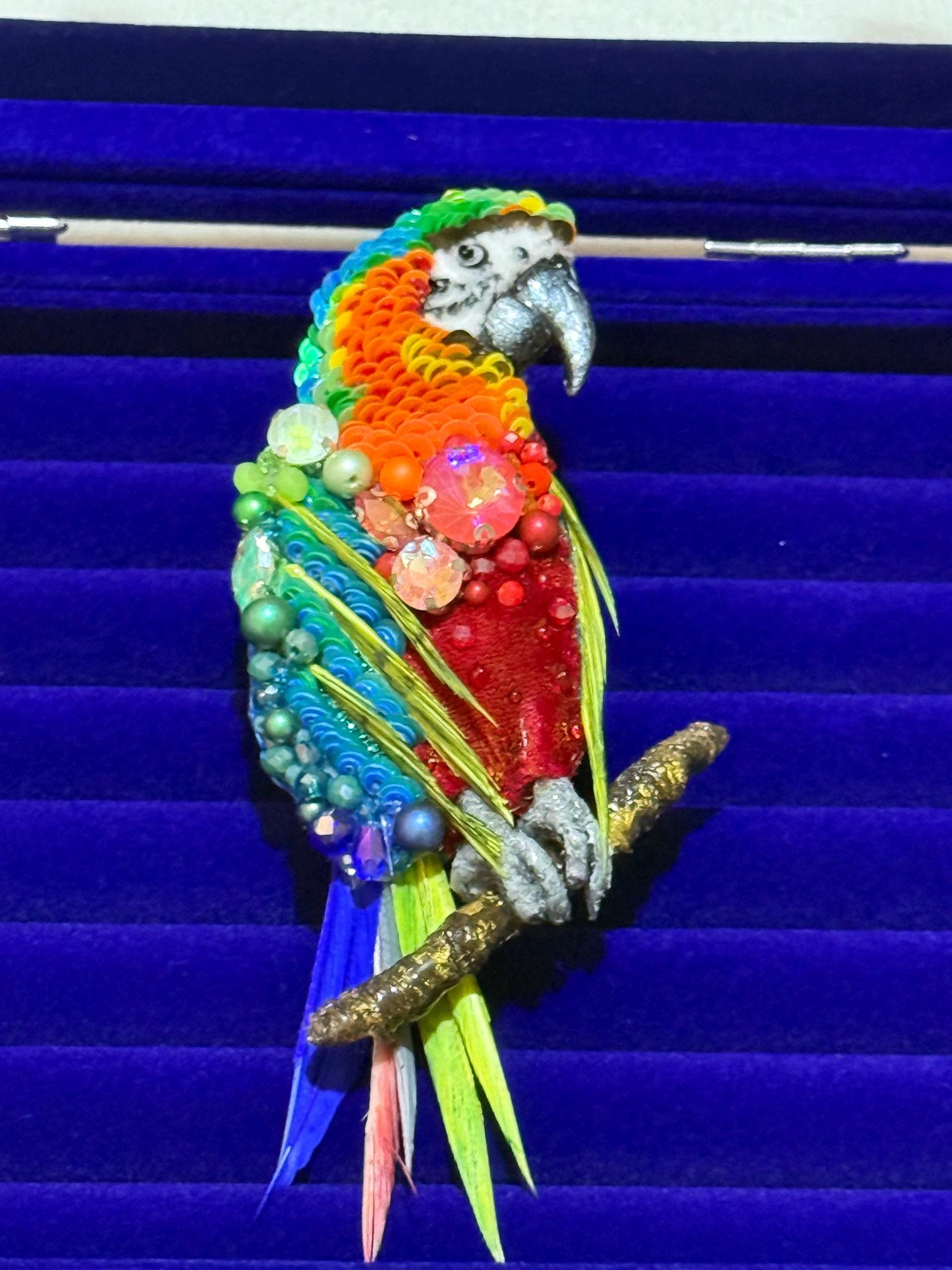 Handmade Beaded Parrot Brooch – Sequin & Crystal Bird Pin