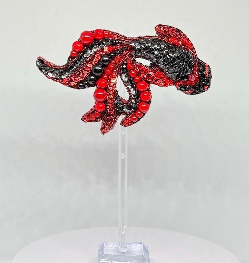 Handmade Beaded Koi Fish Brooch: Embroidered Red & Black Pin