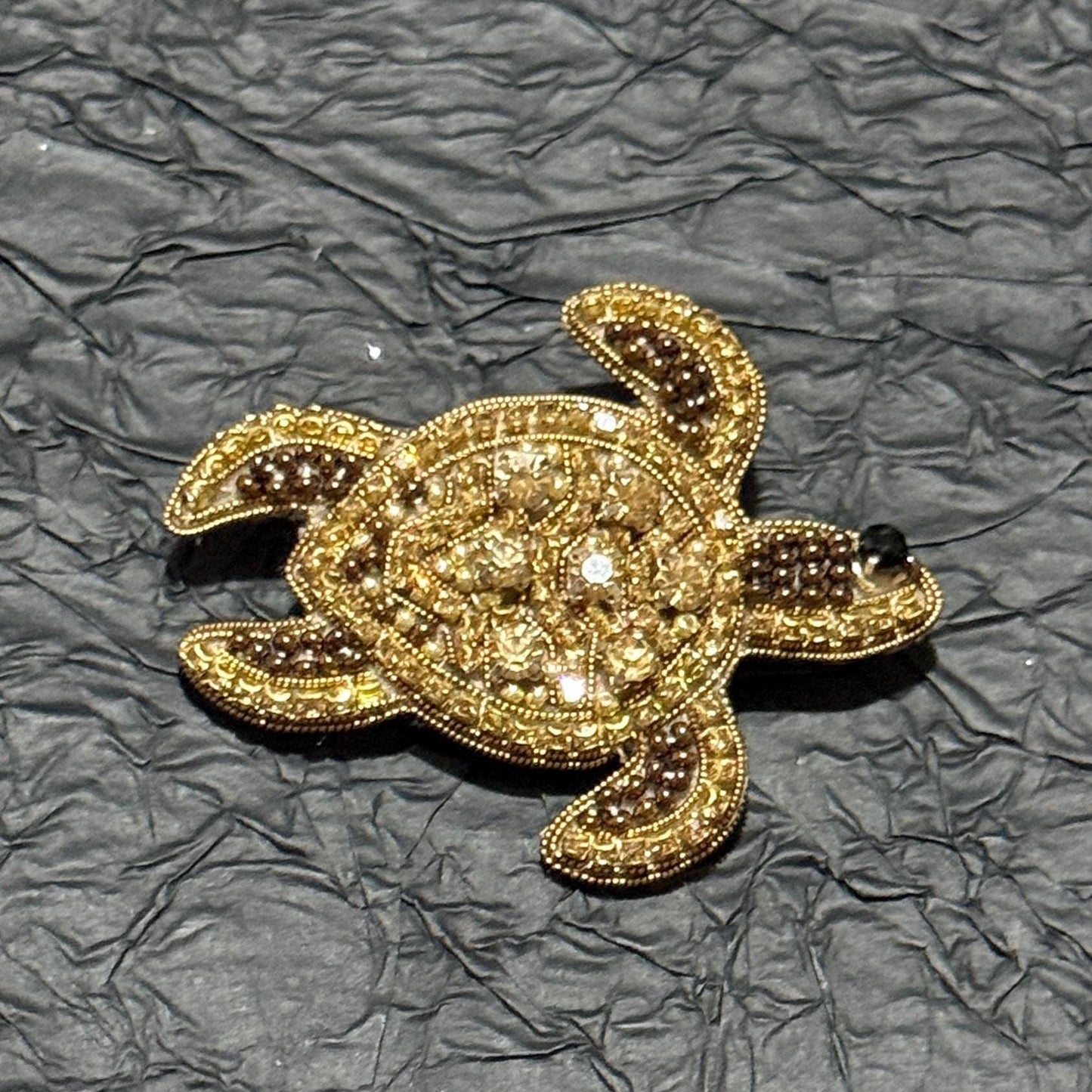 Handmade Beaded Turtle Brooch: Gold Sequins & Crystals