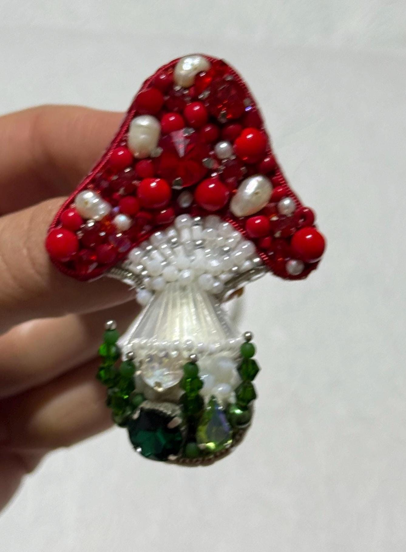 Handmade Beaded Mushroom Brooch: Pearl & Crystal Toadstool Pin