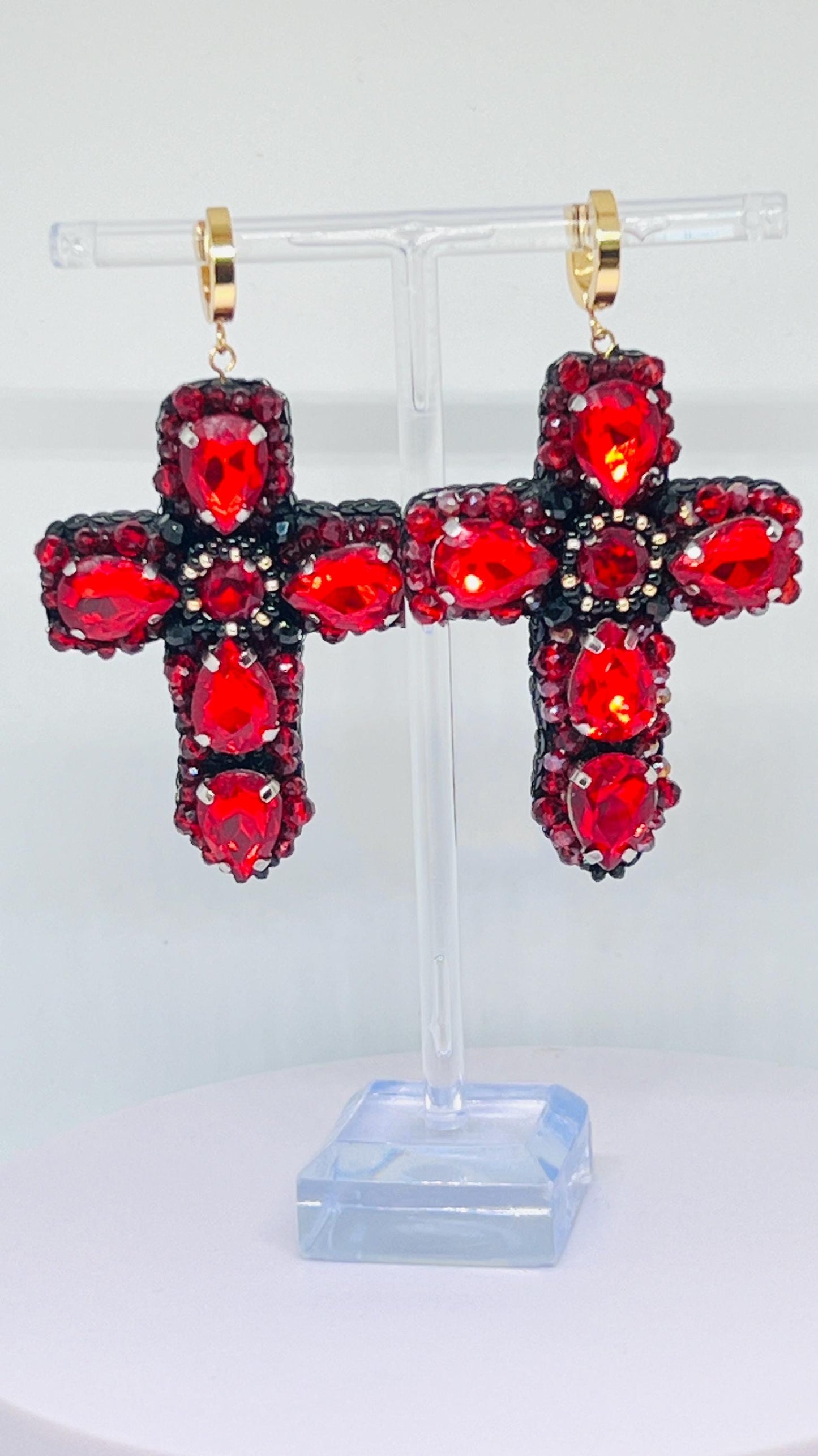 Handmade Red Crystal Cross Earrings: Gothic Religious Jewelry