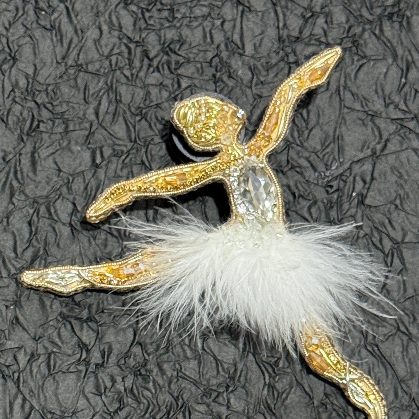Handmade Beaded Ballerina Brooch: Gold Ballet Dancer Pin with Feather Tutu