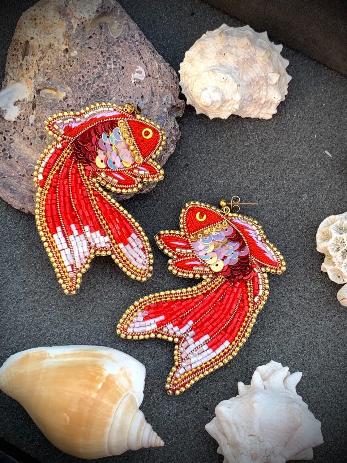 Handmade Beaded Goldfish Earrings: Red Sequin Statement Jewelry