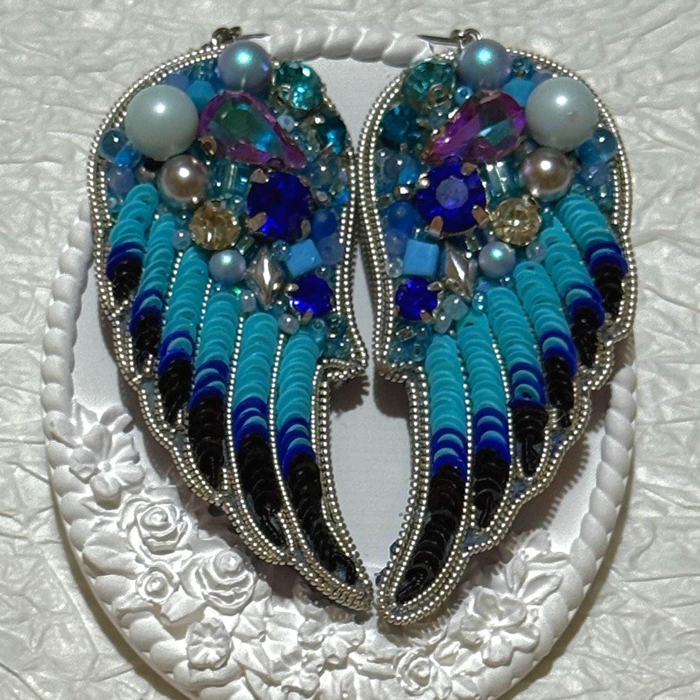 Handmade Beaded Angel Wing Earrings: Blue Crystal Statement Jewelry
