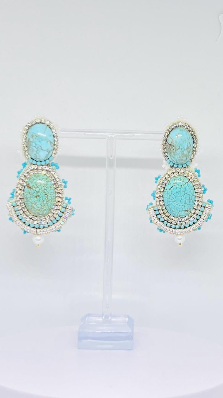 Turquoise Gemstone Statement Earrings - Hand-Beaded Crystal Drop Dangle Earrings
