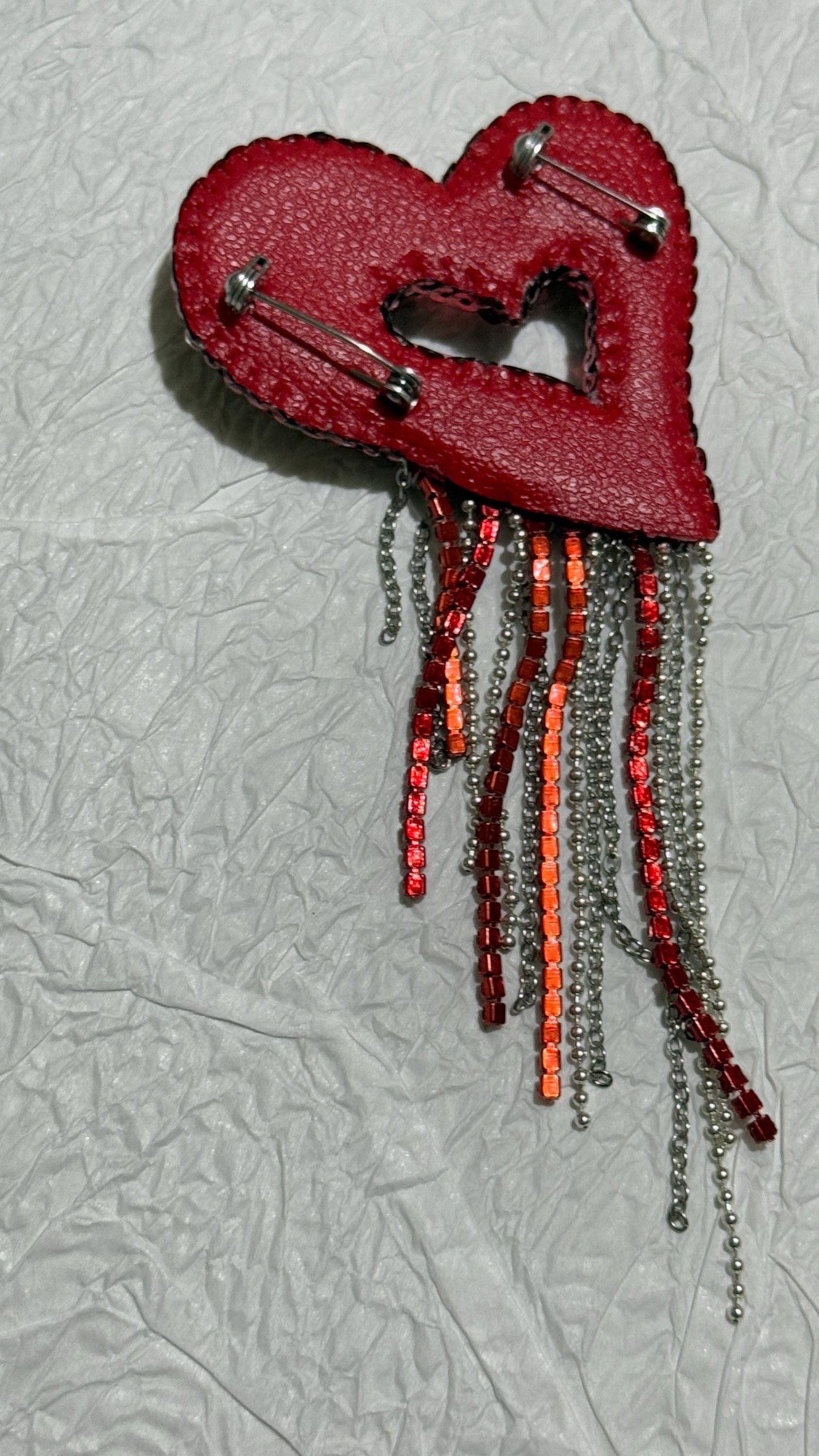 Handmade Beaded Heart Brooch: Red Rhinestone Pin with Dangling Chains