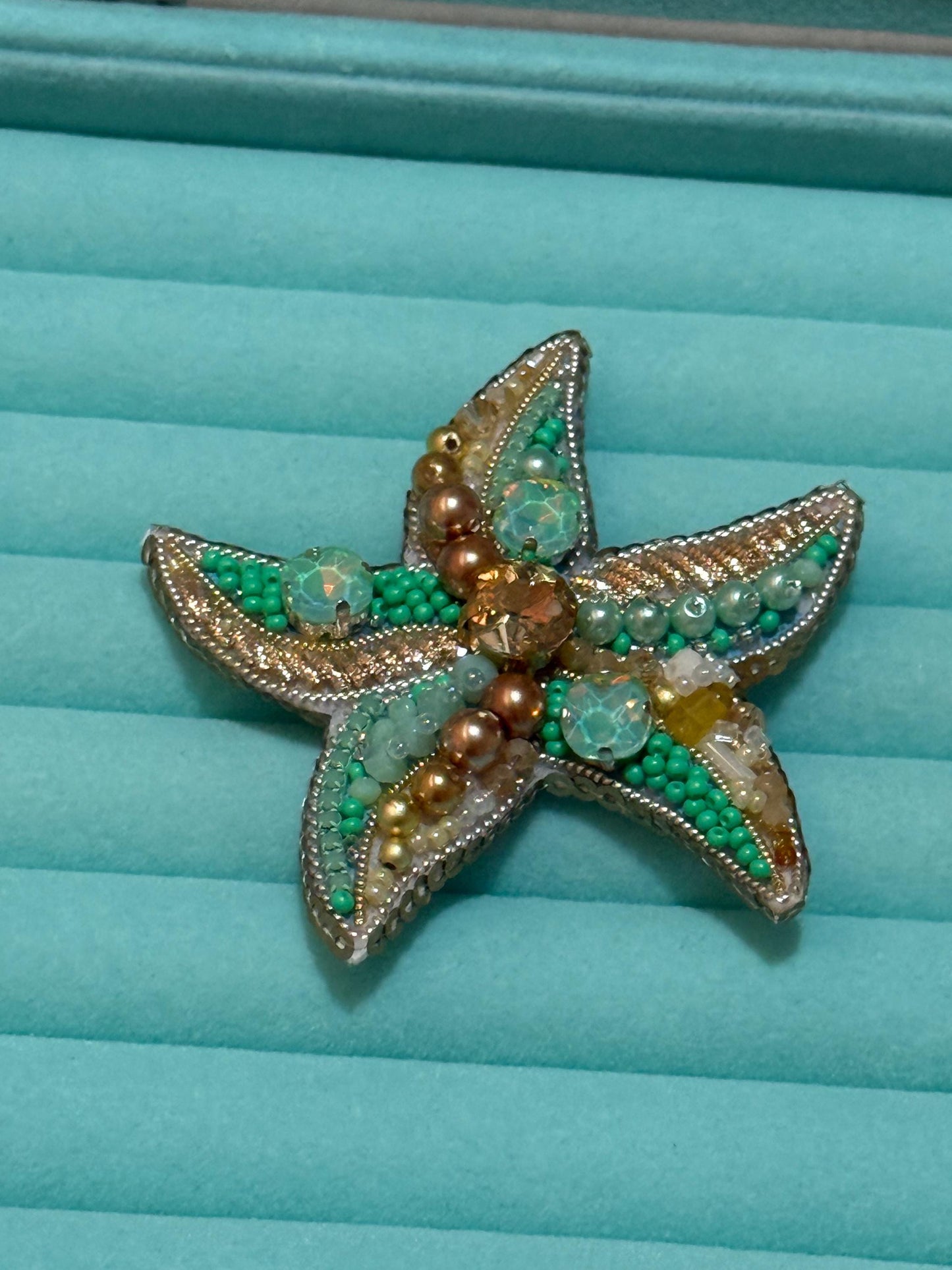 Handmade Starfish Brooch Beaded Pin in Turquoise Gold | Ocean-Inspired Jewellery | Summer Beach Gift | Coastal Fashion Accessory