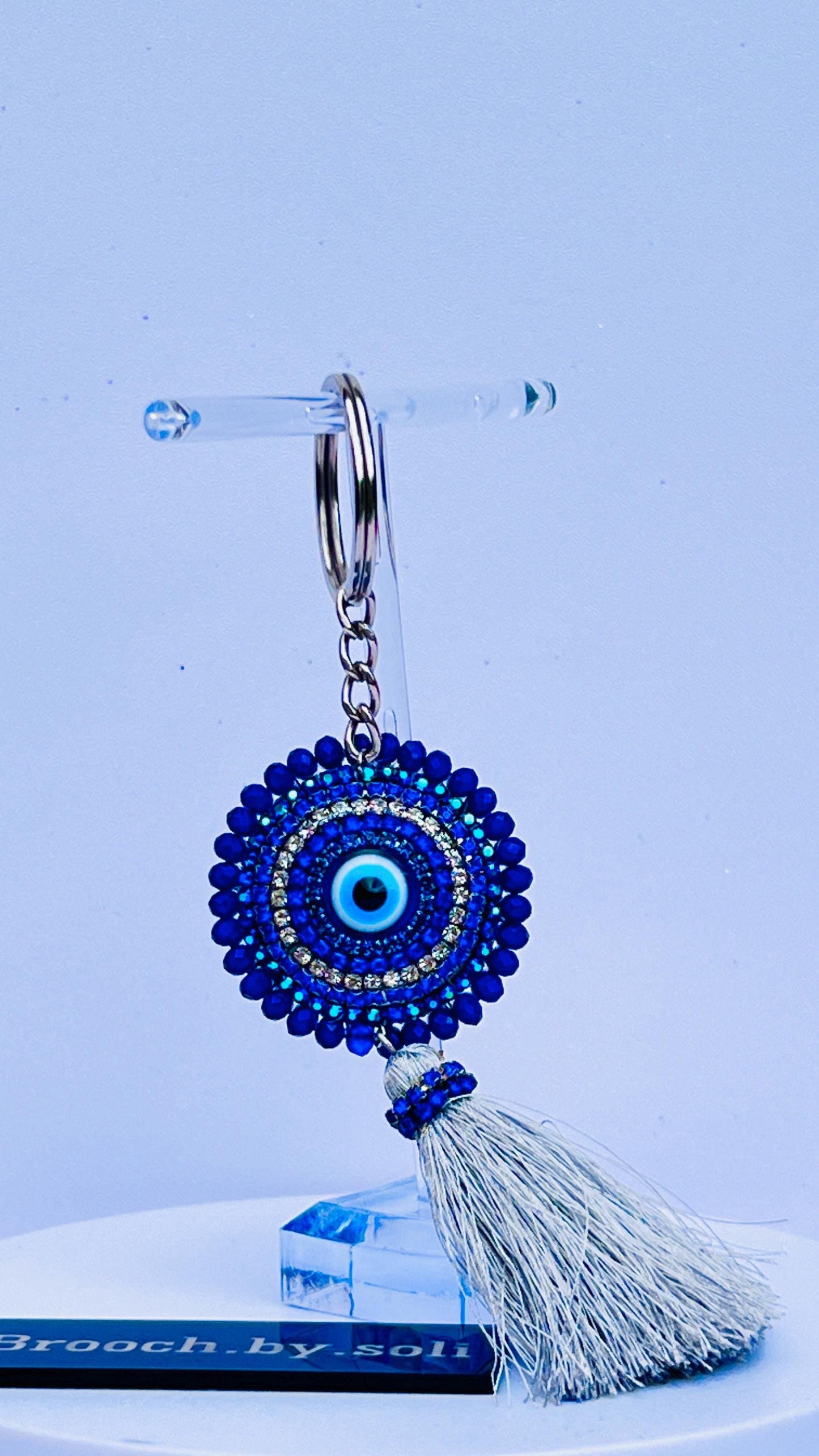 Handmade Evil Eye Car Key Ring with Tassel | Blue Crystal Keychain Charm
