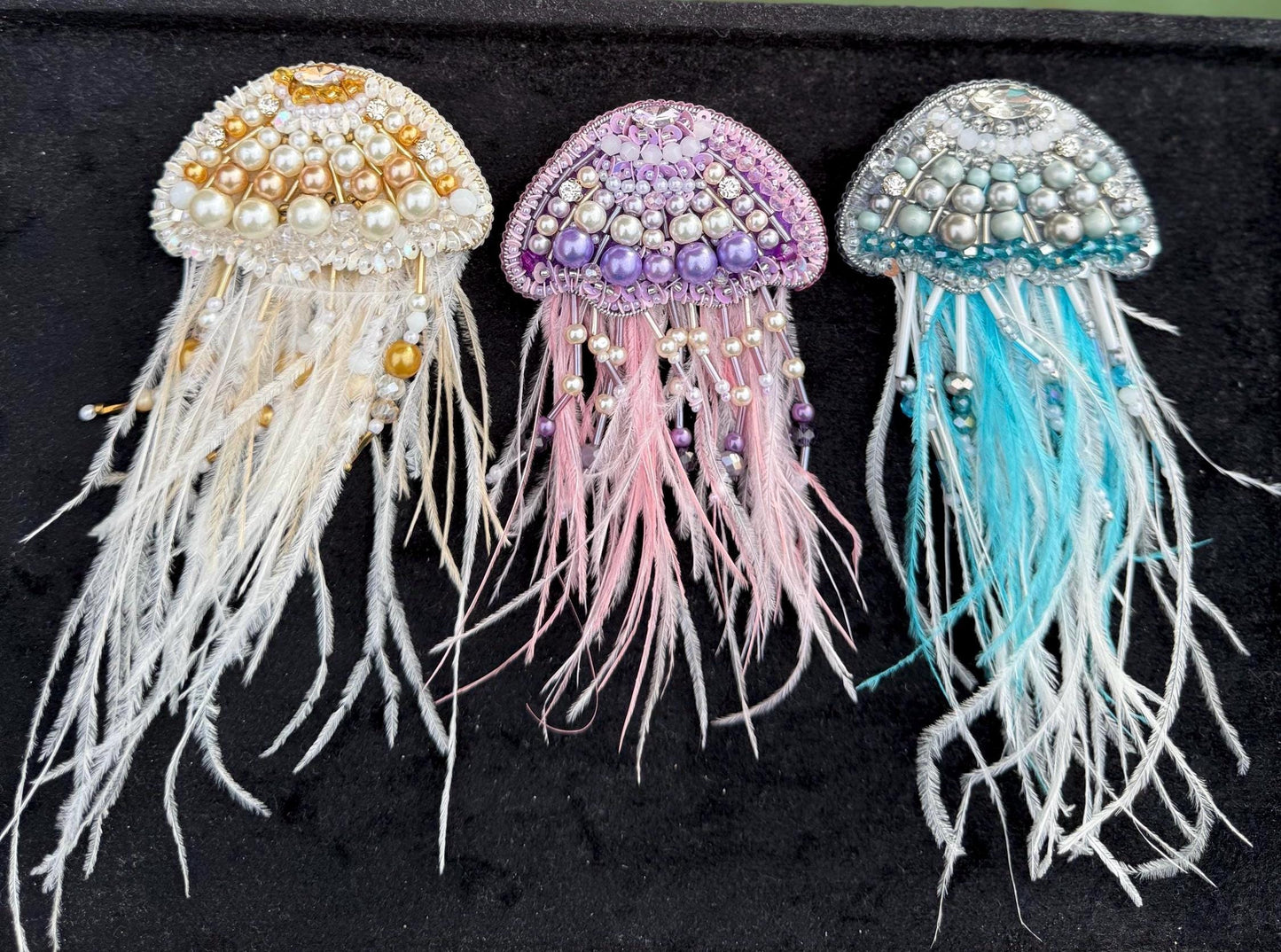 Handmade Beaded Jellyfish Brooch, Pearl Crystal Sea Creature Pin