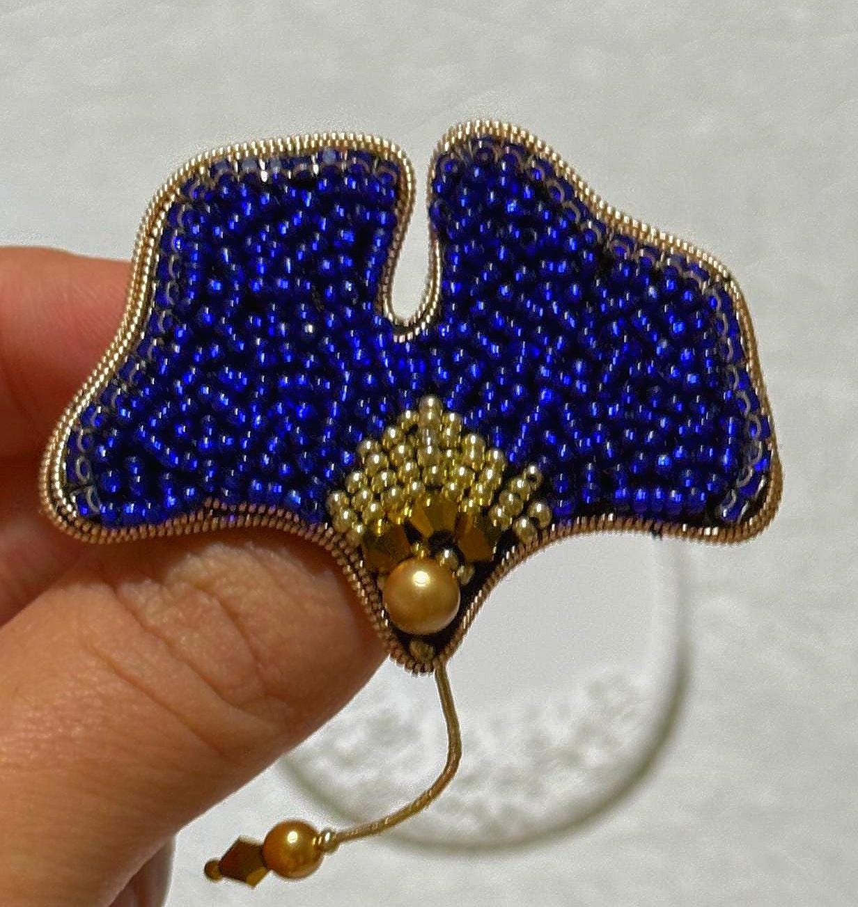 Handmade Blue Beaded Ginkgo Leaf Brooch - Elegant Accessory