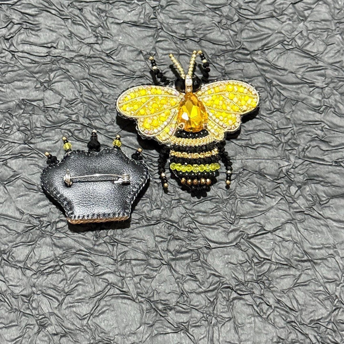 Handmade Beaded Bee and Crown Brooch Set: Yellow Crystal Pins