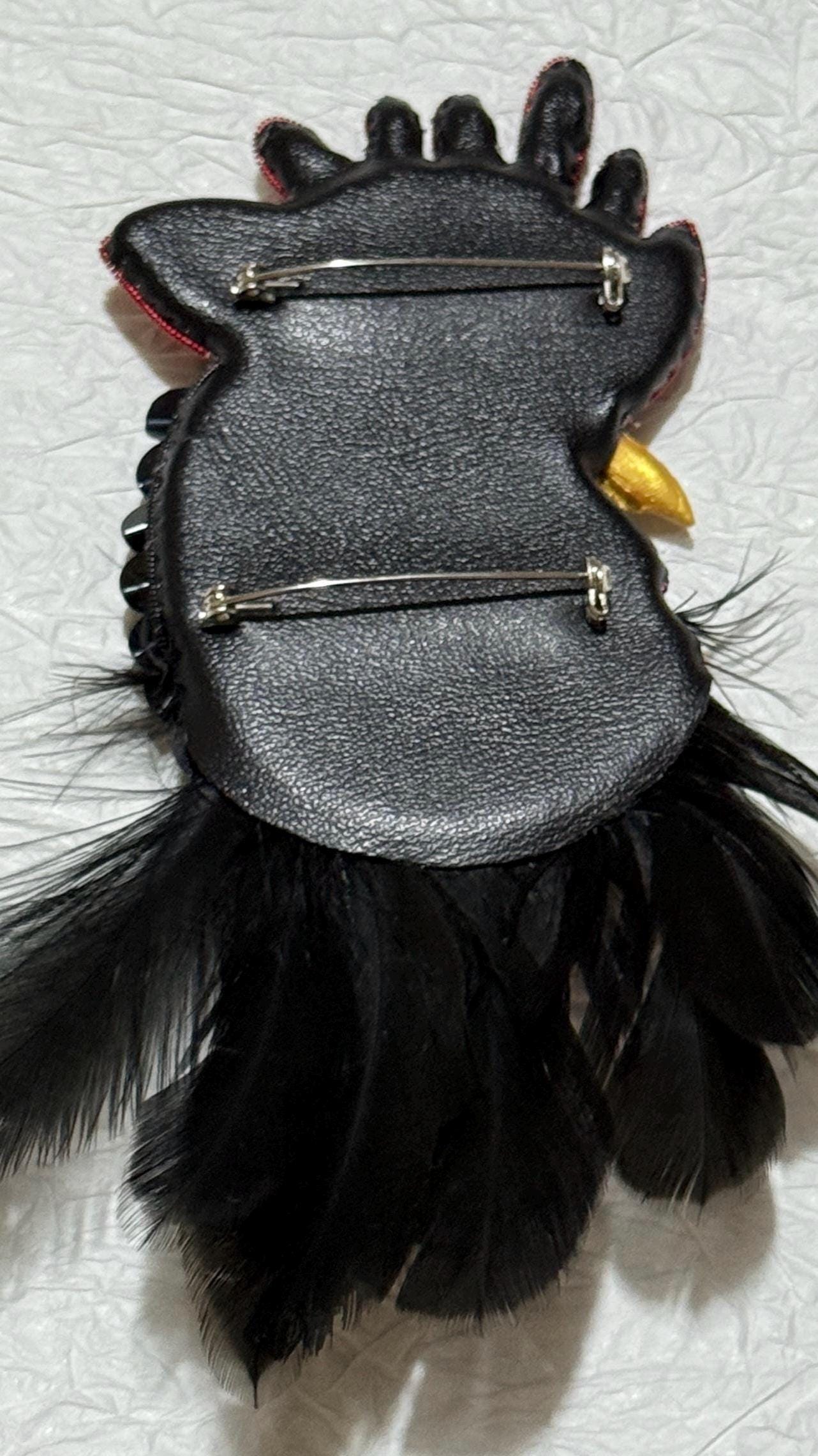 Handmade Beaded Rooster Brooch: Feather Embroidered Farm Pin