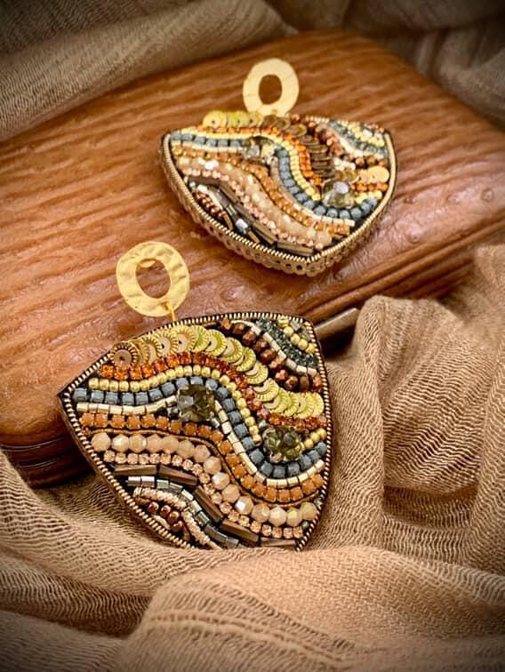 Handmade Beaded Statement Earrings | Bronze, Gold, Olive Czech Glass Beads