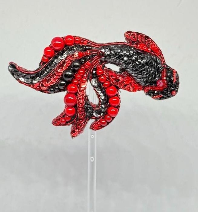 Handmade Beaded Koi Fish Brooch: Embroidered Red & Black Pin