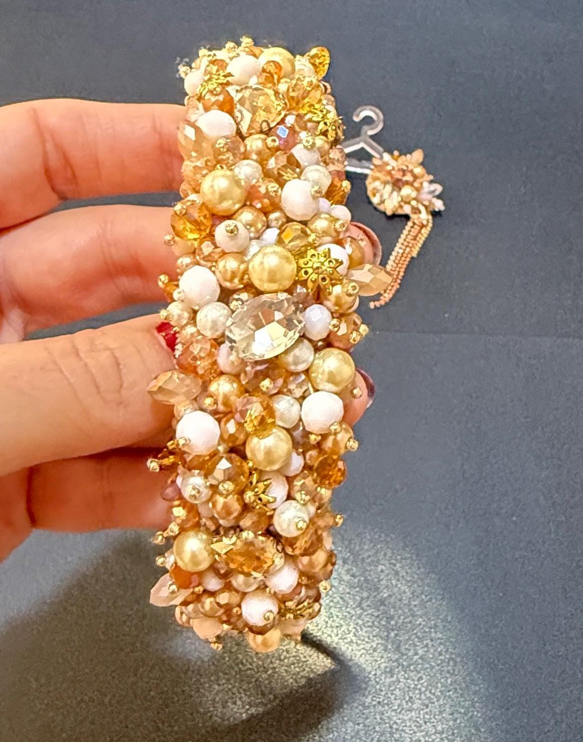 Handmade Pearl Bridal Headband and Earrings Set: Crystal Bead Wedding Jewelry
