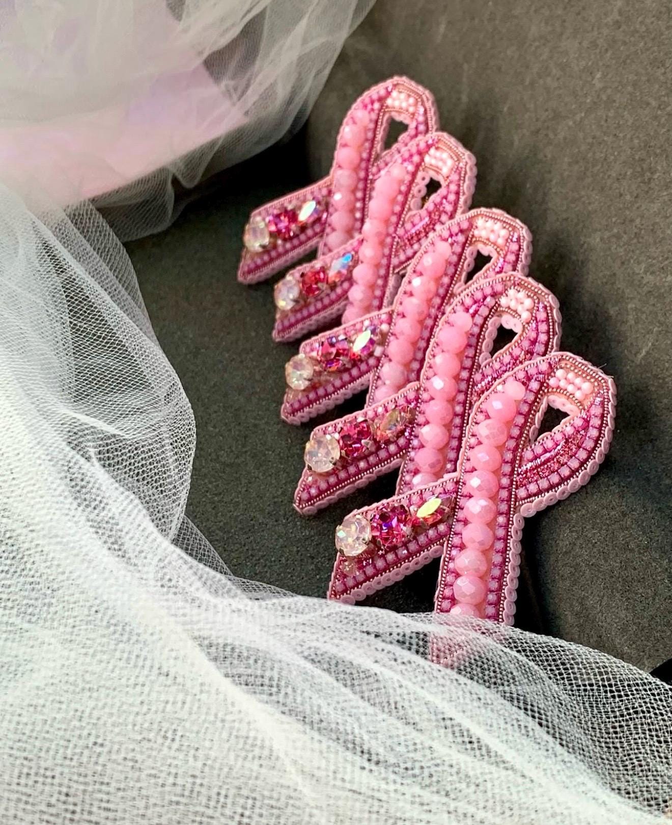 Handmade Beaded Pink Ribbon Brooch: Breast Cancer Awareness Pin