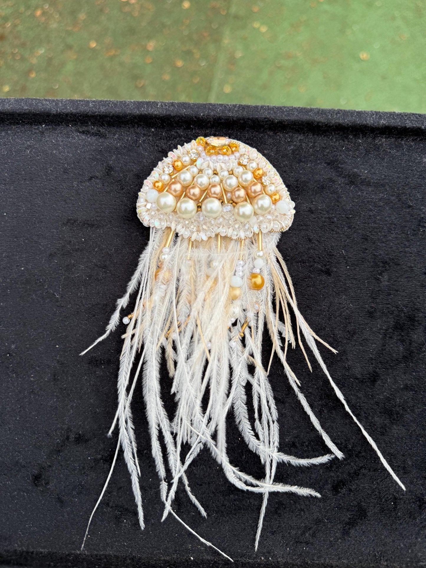 Handmade Beaded Jellyfish Brooch, Pearl Crystal Sea Creature Pin