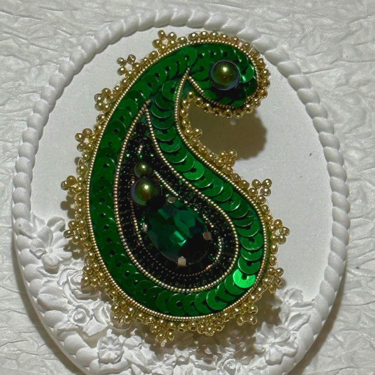 Handmade Green Paisley Brooch: Beaded Embroidery Statement Pin