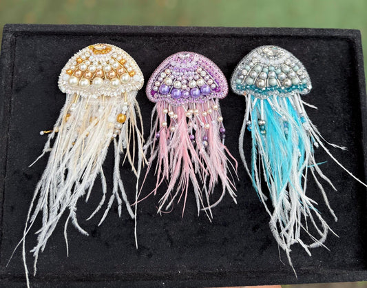 Handmade Beaded Jellyfish Brooch, Pearl Crystal Sea Creature Pin