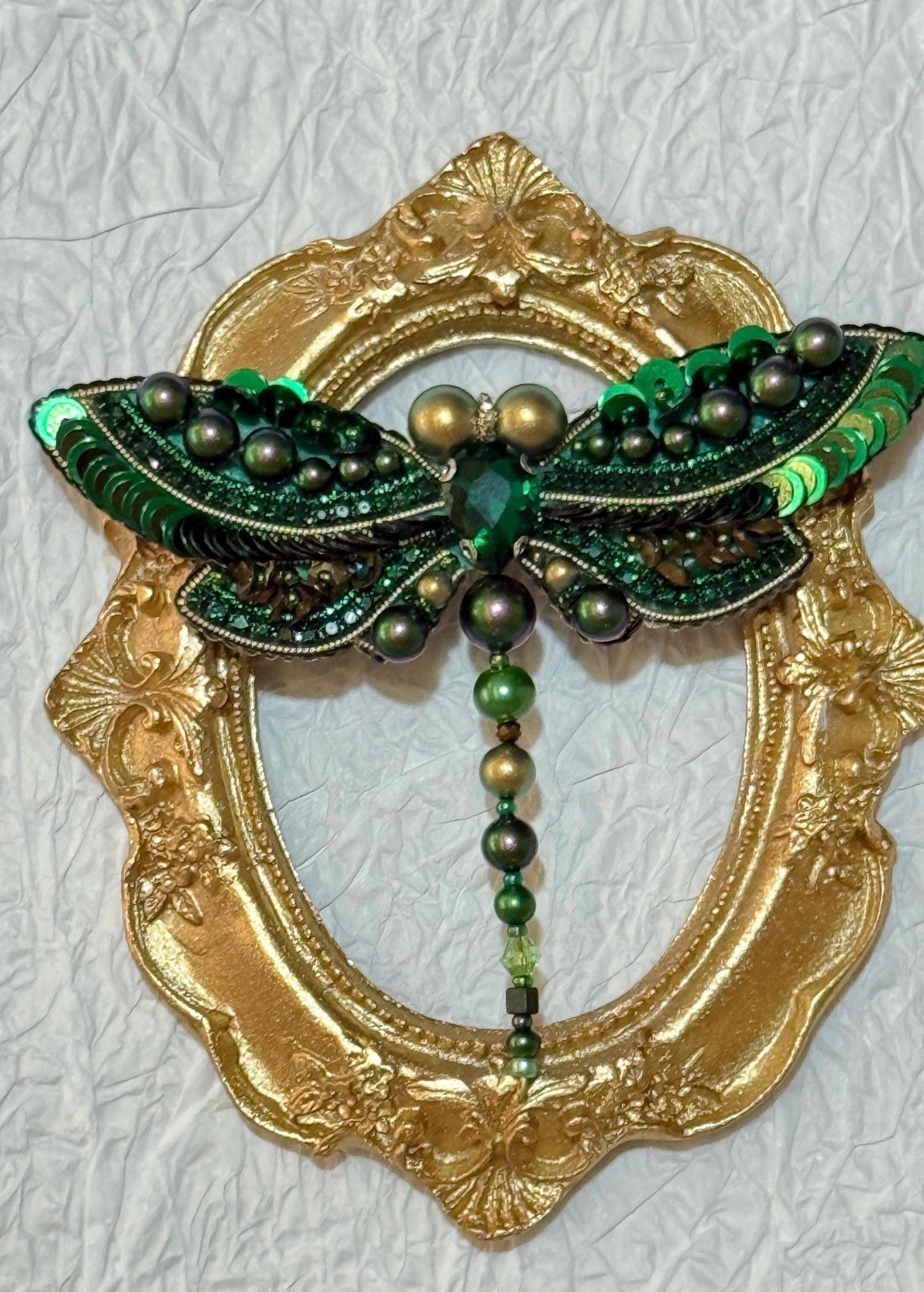 Handmade Green Dragonfly Brooch: Beaded Crystal Insect Pin