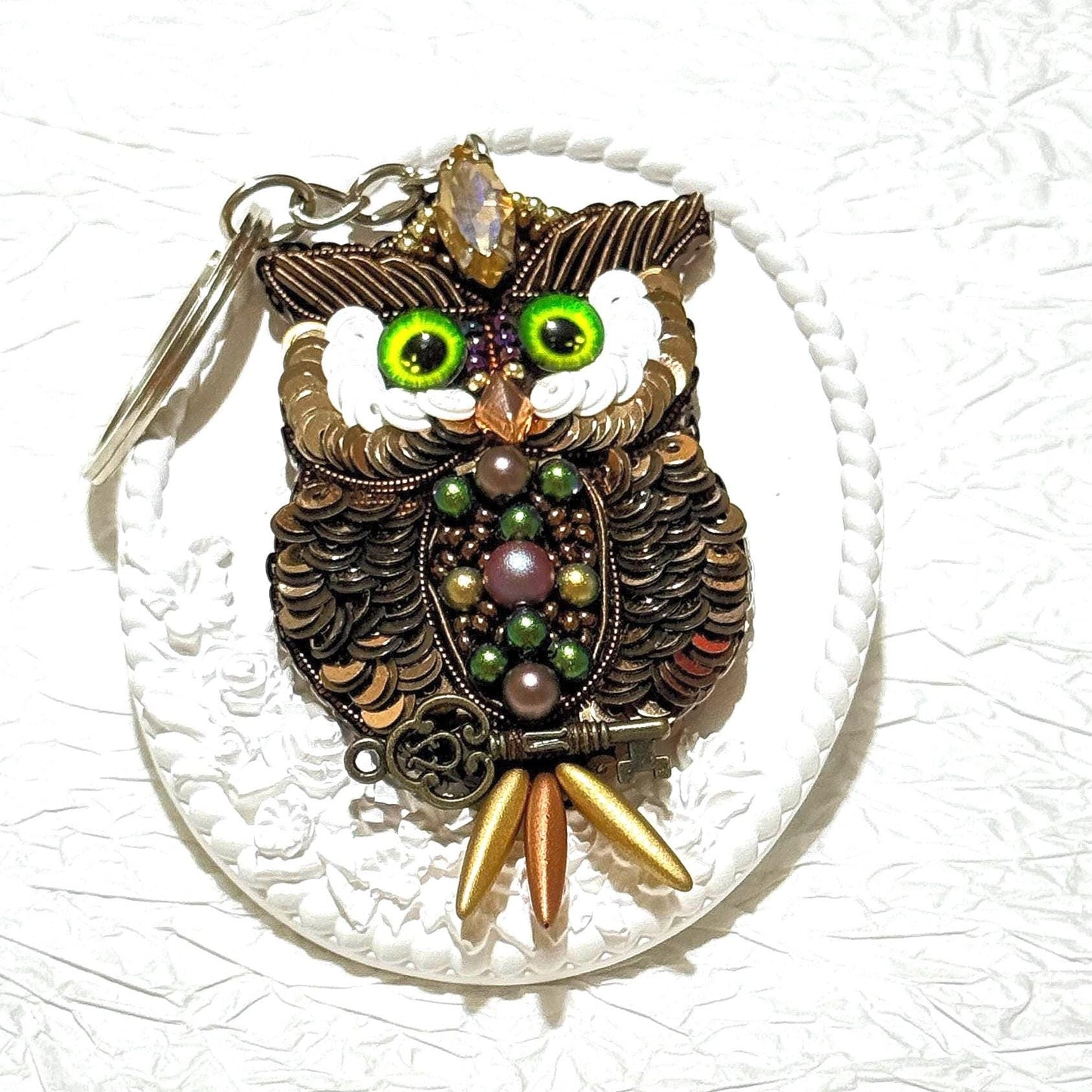 Handmade Beaded Owl Keychain: Pearl & Crystal Bag Charm