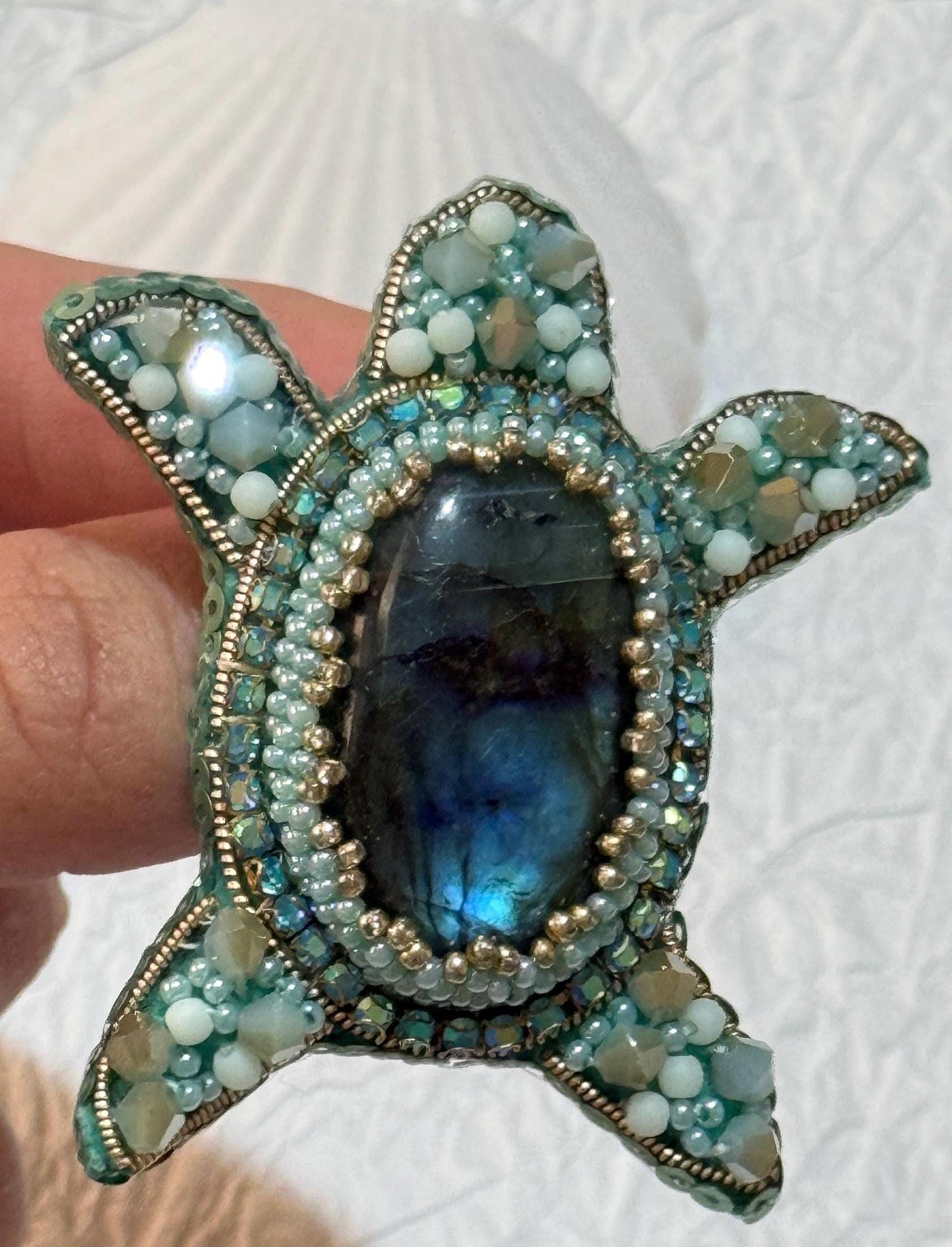 Handmade Beaded Turtle Brooch with Labradorite Stone | Ocean-Inspired Jewelry Gift | Unique Nature-Inspired Accessories