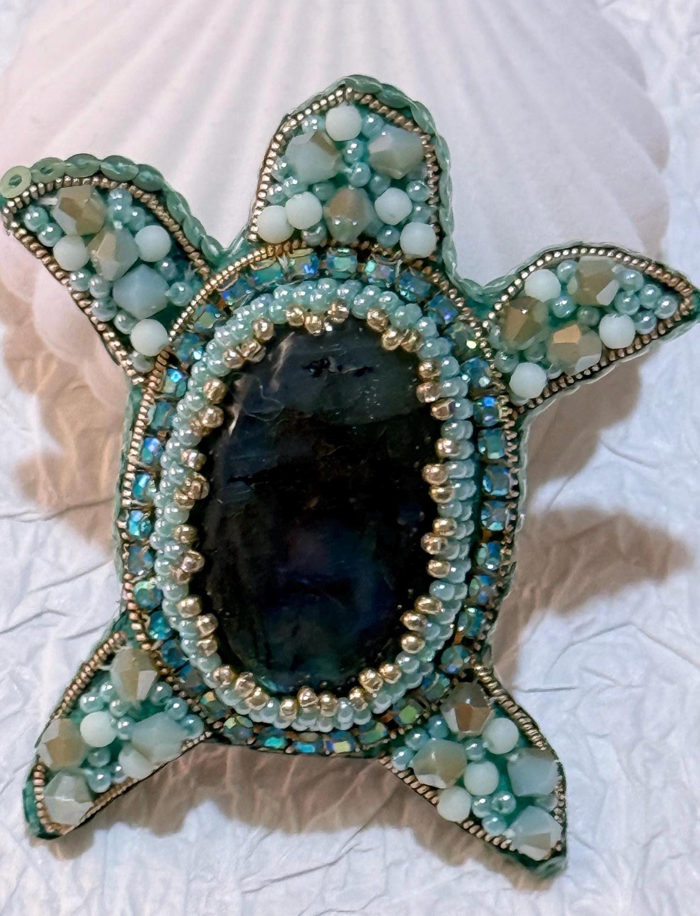 Handmade Beaded Turtle Brooch with Labradorite Stone | Ocean-Inspired Jewelry Gift | Unique Nature-Inspired Accessories