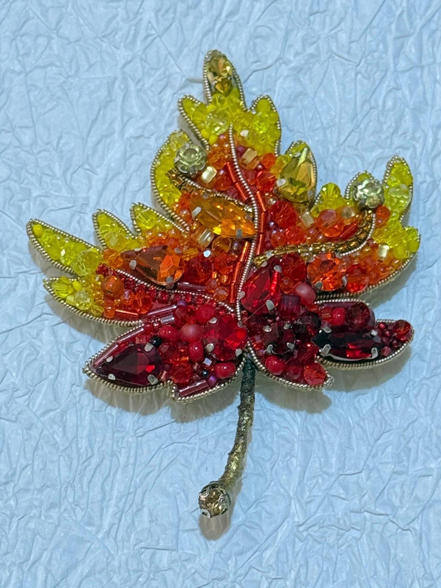 Handmade Beaded Autumn Leaf Brooch: Red, Orange, Yellow Fall Jewelry