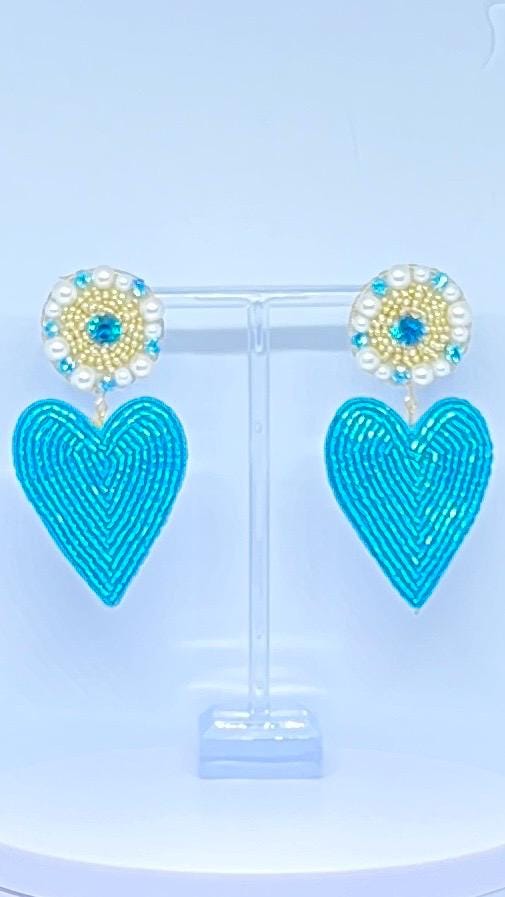 Handmade Blue Heart Earrings: Beaded Pearls & Crystals, Elegant Drop Earrings