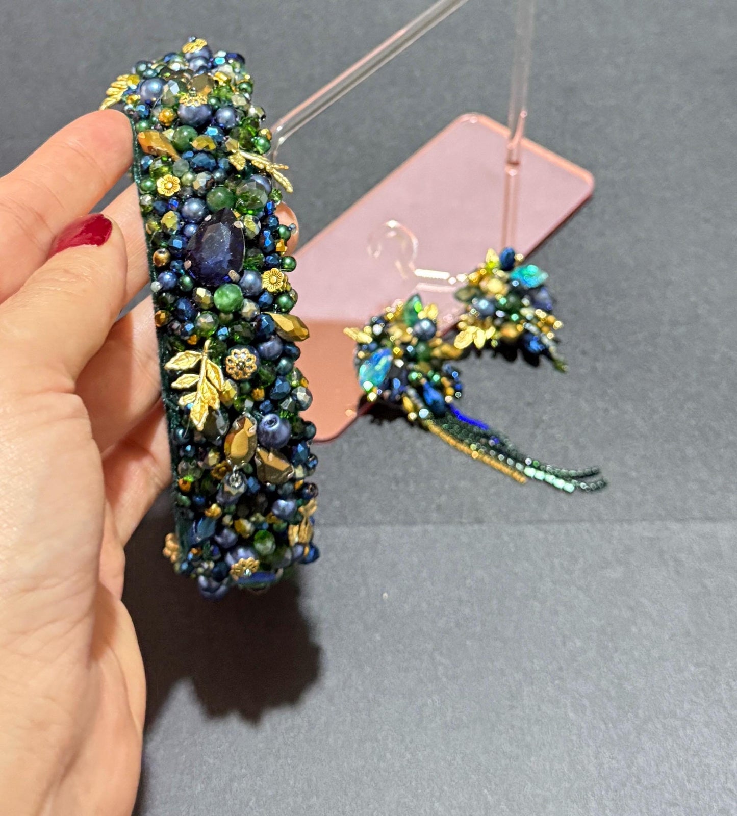 Handmade Green Beaded Headband and Crystal Earrings: Wedding Jewelry Set